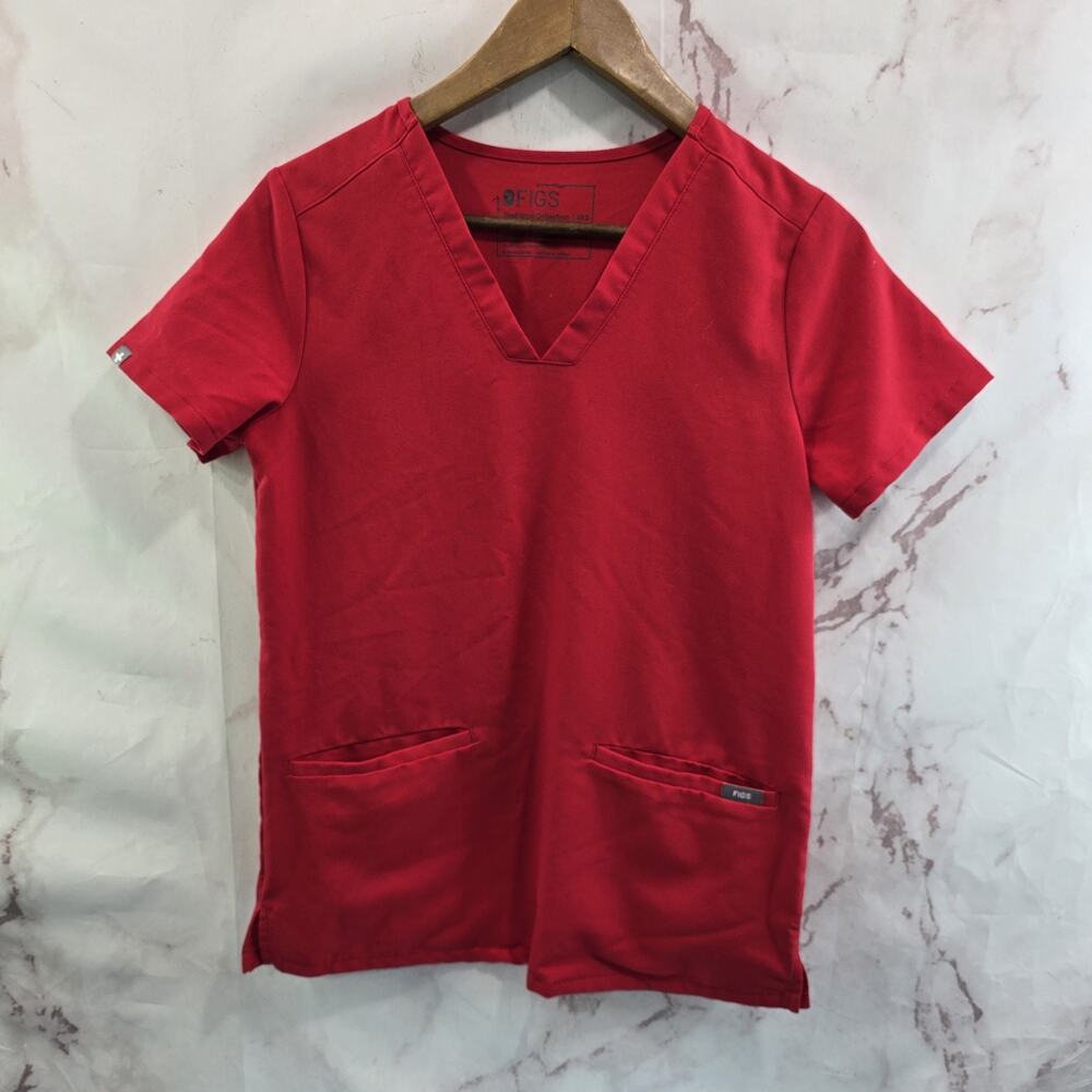 FIGS Top Womens XXS Pop True Red Casma 3 Pocket Short Scrub V Neck 1785